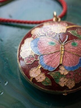 Vintage Cloisonne Enamel Butterfly Round Pendant Necklace Red Silk Cord Boho